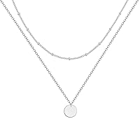 Harlorki Dainty Simple 925 Silver Plated Layered Link Chain Choker Shiny Round Circle Pendant Necklace Fashion Jewelry Gift for Women Lady Girl