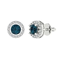 1.60 ct Round Cut Halo Solitaire Natural London Blue Topaz Stunning Pair of Solitaire Stud Screw Back Earrings 14k White Gold