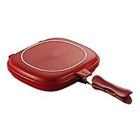 Frying Pan With Lid Nonstick Double Sides Rectangle Steak Grill Fry Pan Saucepan Healthy, Fast,Kitchen Supplies,Red