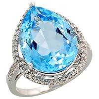 14k White Gold Large Stone Ring, w/ 0.27 Carat Brilliant Cut Diamonds & 9.85 Carats 16x12mm Pear Cut Blue Topaz Stone, 3/4