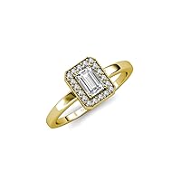 0.73 ctw Moissanite Emerald Shape (6x4 mm) Accented Side Natural Diamond Halo Engagement Ring with Milgrain Work in 14K Gold