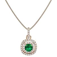 1.10 ctw Cushion Shape Created Green Emereld & Cubic Zirconia 925 Sterling Sliver Halo Pendant Necklace Gifts for Women's/Girls 14K Gold Plated