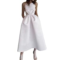 Women's Satin Sleeveless Prom Dress A-Line Spaghetti Straps Pocket Cocktail Evening Dress