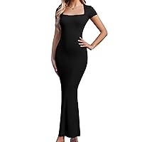 Women's Summer Casual Bodycon Maxi Dress Square Neck Short Sleeve Ribbed Dresses Cocktail Long Dress