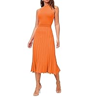 Pink Queen Women's Crew Neck Sleeveless High Waisted Bodycon Pleated Ribbed Swing Knit Midi Dresses