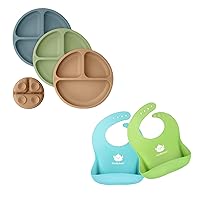 KeaBabies Suction Plates for Baby, Toddler and 2-Pack Baby Silicone Bibs - 3-Pack 100% Silicone Divided Baby Plates with Suction, Waterproof, Easy Wipe Silicone Bib for Babies