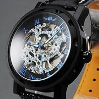 FENKOO Men's Watch Mechanical Hand Winding Skull Watch Transparent Dial Leather Strap Watch