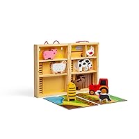 Bigjigs Toys Farm Play Box - Wooden Playset with 5 Farm Animals & 2 Fold-Out Play Mats, Portable Toy Farm Wooden Dolls House, Montessori Toys for 18 Months +, Farm Set Roleplay Toy
