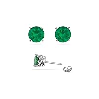 Natural Round Emerald Scroll Stud Earrings in 18K White Gold From 3MM - 5.5MM