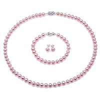 JYX Pearl Necklace Set AA+ 7-8mm Natural Lavender Freshwater Cultured Pearl Necklace Bracelet and Earrings Set for Women