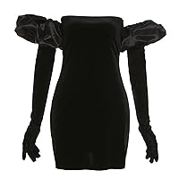 Women Puff Sleeve Black Off Shoulder Dress Velvet Sexy Backless Bodycon Dress Elegant Strapless Short Party Mini Dresses