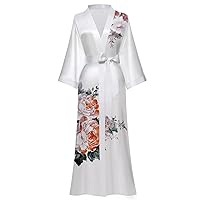 Moreone Women's Long Kimono Robe Floral Silk Robes Satin Bathrobe Sleepwear Print Silky Nightgown Wedding Robe