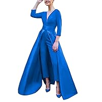 VeraQueen Women's V Neck 3/4 Long Sleeves Satin Jumpsuits with Detachable Skirt