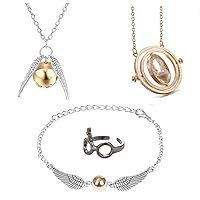 4PCS Necklace Bracelets Set with Ring Magic Theme Golden Pendant Necklace Ornaments for Women,Men,8-Inch Adjustable Bracelets Cute Jewelry Gift Set