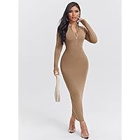 Fall Dresses for Women 2023 Zip Front Solid Bodycon Dress Dresses for Women (Color : Khaki, Size : Small)