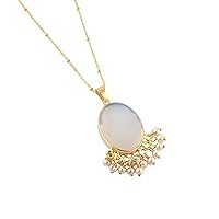 Guntaas Gems Traditional Look Long Necklace With Opalite & Pearl Beads Pendant Brass Gold Plated Bridal Wedding Jewelry Gift