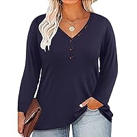 RITERA Plus Size Tops for Women Long Sleeve Shirt Button Down Tshirt V Neck Solid Tee Shirt Loose Casual Blouses Fall Pullover Blue 3XL