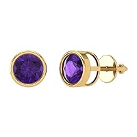 2ct Brilliant Round Cut Solitaire Studs Natural Amethyst Solid 18k Yellow Gold Earrings Screw back
