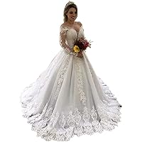 Off Shoulder Sequins Long Sleeves Lace Princess Bridal Ball Gowns Train Wedding Dresses for Bride Plus Size