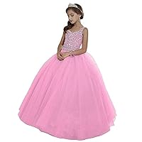 Girl's Off Shoulder Long Pageant Dresses Princess Tulle Beaded Straps Birthday Party Dress Pink