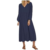Cotton Linen Pocket Dress,3/4 Sleeve Round Neck Pleated Flowy Swing Dresses Oversized T Shirt Tunic Dress
