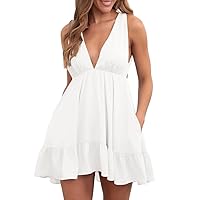 Women's Summer Mini Dress Deep V Neck Casual Short Dresses with Two Pocke US Size S-2XL