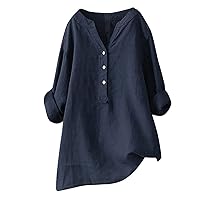 Women's 3/4 Sleeve Cotton Linen Jacquard Blouses Top T-Shirt Linen Shirts for Women Plus Size 3/4 Length Sleeve Tops Casual Loose Fit Round Neck Tees 2024 Summer Fashion Blouse