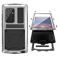 Samsung S24 Ultra Metal Bumper Silicone Case with Stand Built-in Screen Protector Gorilla Glass Hybrid Durable Military Shockproof Heavy Duty Rugged Outdoor Man Full body Camera Cover (Silver)