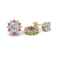 Lab Grown Diamond & Pink Tourmaline 0.60 ctw Halo Flower Jacket for Stud Earrings 14K Gold