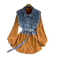 Lapel Contrast Color Denim Patchwork Long Sleeve Blouse Single-Breasted Lace Up Shirt Autumn Winter with Belt Brown One Size