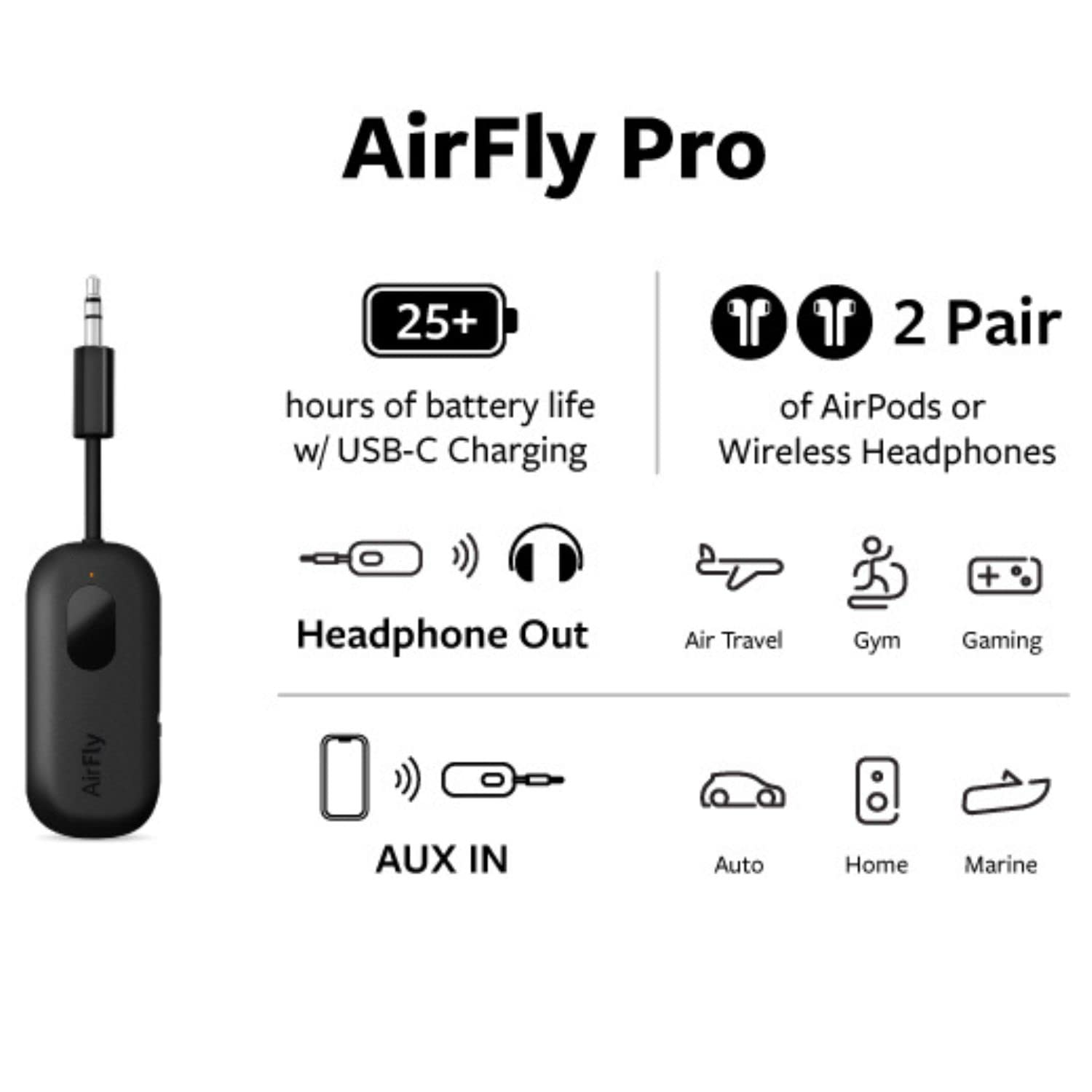Twelve South AirFly Pro Bluetooth Wireless Audio Transmitter/Receiver for up to 2 AirPods/Wireless Headphones; Use with Any 3.5 mm Audio Jack, Black