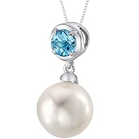PEORA 10mm Freshwater Cultured Pearl and Swiss Blue Topaz Pendant Necklace for Women 925 Sterling Silver, with 18 inch Chain