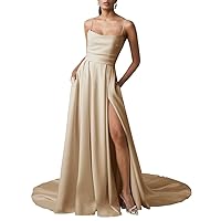 Satin Wedding Gowns for Bride with Pockets Long Backless Prom Dresses for Women Wedding Party Gown Formal
