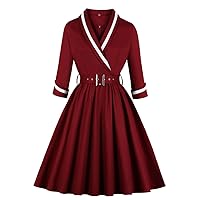 Mulanbridal Women's Deep-V Neck Classical Bow Belt Vintage Casual Swing Dress Tea Party Cocktail Gowns