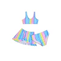 SHENHE Girl's 3 Piece Ombre Swimsuit Scoop Neck High Waist Rainbow Striped Bikini Set with Coverup