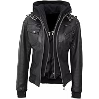 Womens Black Hooded Bomber Leather Jacket - Lambskin Womens Leather Jacket with Removeable Hood