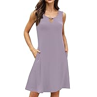Summer Dresses for Women 2024 Beach Solid Color Tshirt Sundresses Casual Summer Dress with Pockets