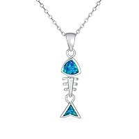 Nautical CZ Gemstone Blue Tropical Vacation Created Opal Beach Sea Fish Dangle Skeleton Fishbone Stud Earring Necklace Pendant For Women Teen .925 Sterling Silver