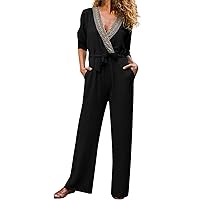 Women's 2023 Jumpsuits Casual Dressy One Piece Outfits Guipure Lace V Neck Long Sleeve Belted Long Pants Rompers