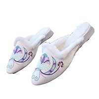 Winter Women Cotton Satin Flat Mules Comfortable Ladies Pointy Toe Slippers Chinese Embroidery Shoes