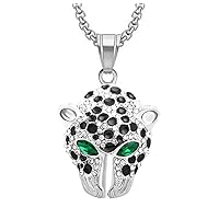 Hip Hop Stainless Steel Iced Out Black Enamel Spotted Leopard Head Pendant Green/Red CZ Eyes Animal Necklace for Men Women, 24 inch Chain