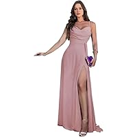 a line Floor Length Chiffon Bridemaid Dresses Spaghetti Straps Women's Formal Gown with Side Slit