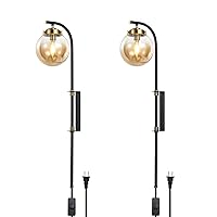 Wall Sconces Set of 2, Indoor Slim Glass Globe Wall Lamps with Plug in Cord, Modern Angle Adjustable Wall Mounted Light, Wall Lamp for Bedroom Living Room Study Hallway Bedside