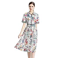 Summer Vintage Floral Print Collar Button Short Sleeve Women Ladies Casual Party Vacation Midi Dresses
