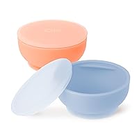 Olababy 100% Silicone Suction Bowl with Lid Bundle for Independent Feeding Baby and Toddler (Coral + Blueberry)