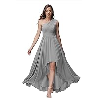 One Shoulder Bridesmaid Dresses High Low Chiffon Evening Formal Gown with Pockets