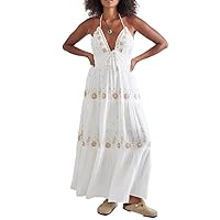 Women Boho Embroidery Maxi Dress Floral Flowy Tiered Long Dress with Puff Sleeve V Neck Swing Casual Sundress