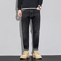 Winter Jeans Men's Fashion Retro Embroidery Plus Velvet Thick Slim Straight Trousers Black 36