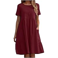 2023 Dresses Women Summer Casual Cotton Linen Flowy Pleated Short Sleeve Crewneck Knee Midi Dress with Front Pockets