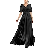 Women's Chiffon Bridesmaid Dresses Long Ruffles Sleeve V Neck Evening Dress